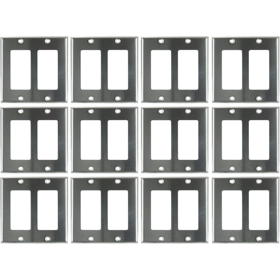 Diodesy- Pack of 12 E302S 2 Gang Decorator Rocker Switch Wall Plate with Metal Screws, Receptacle Switch Cover, Steel Gloss Finish, Unbreakable Outlet Steel Construction, Safe Round Edge, UL Listed