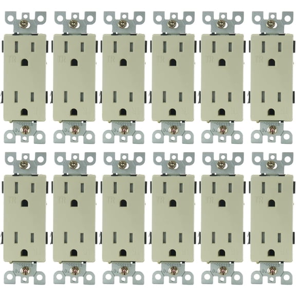 Diodesy- Pack of 12 E558 Decorator Duplex Wall Receptacle Outlet, Tamper Resistant, Electrical Wall Outlet, Residential Grade, Self-grounding, Ivory Color, 15A, 125V, Child-Safe, UL Listed