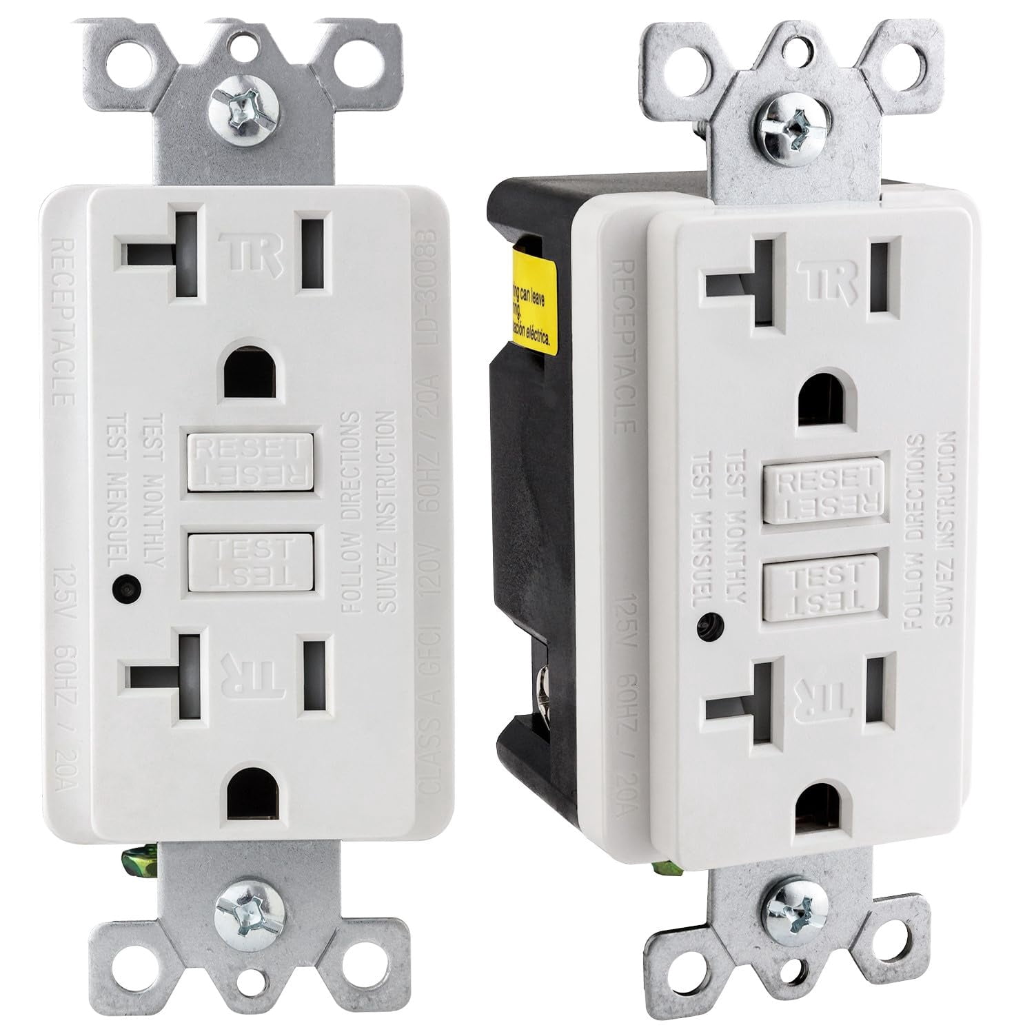 Diodesy- Pack of 2 E545 GFCI Duplex Tamper-Resistant Receptacle Outlet with Matching Decor Wall Plate, Self-Test, LED Indicator, Ground Fault Circuit Interrupter, 20 Amp, 120 Volts, White, ETL Listed