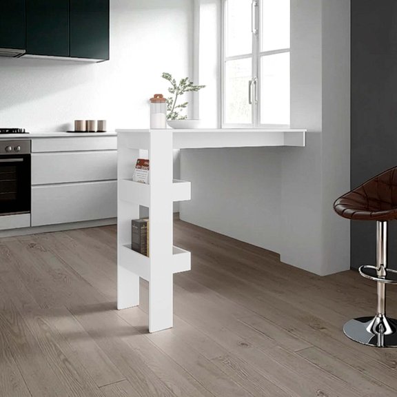 FM FURNITURE Drysdale Bar Table, Three Open Side Shelves, Modern Design for Kitchen or Dining Area, White