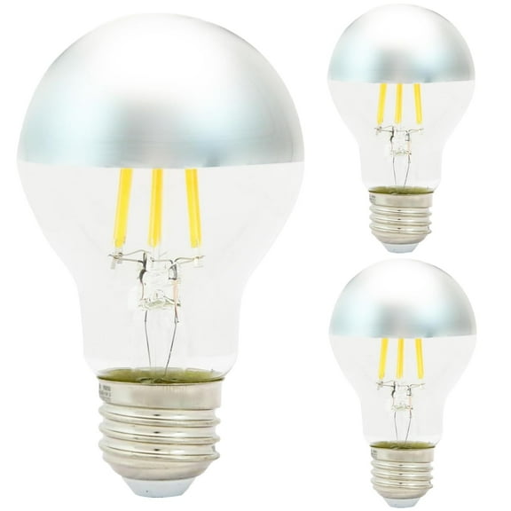 Diodesy- Pack of 3 A19/LED/FS/SB/6W/27K Half Chrome LED Filament Bulb, 6W (40 Watts Equivalent), Silver Bowl Tipped Globe Shape, 2700K Warm White, E26 Decorative Silver Mirror Reflected Dimmable Light