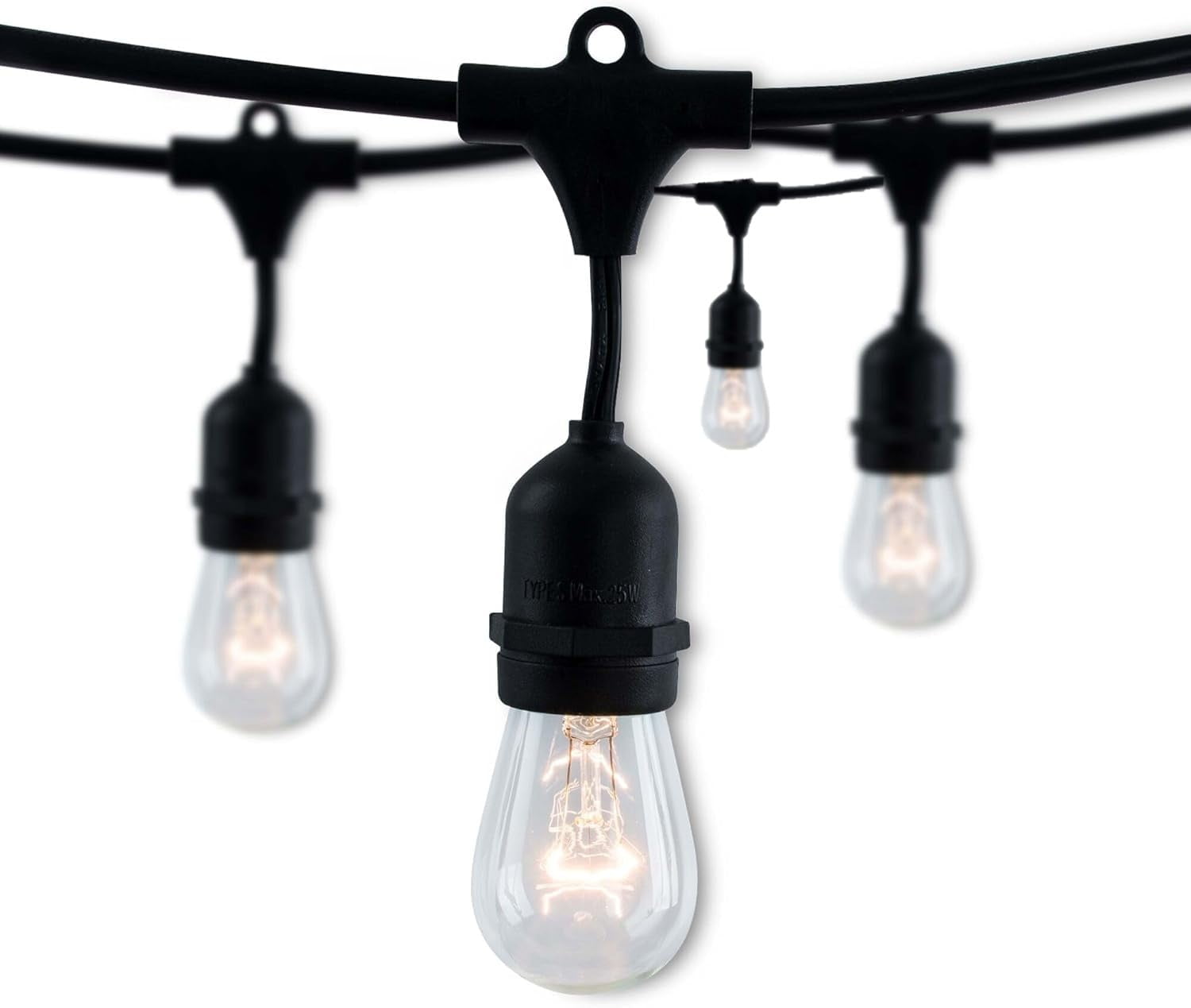 Diodesy- Pack of 4 STRING15L/48FT/36IN/E26/BLACK/INC/S14 48Ft Pendant Hanging String Light with S14 Clear Incandescent Bulb, 15 Socket 36 Inch Spacing Medium Base, 11W, 2700K Warm White, 60 Lumens