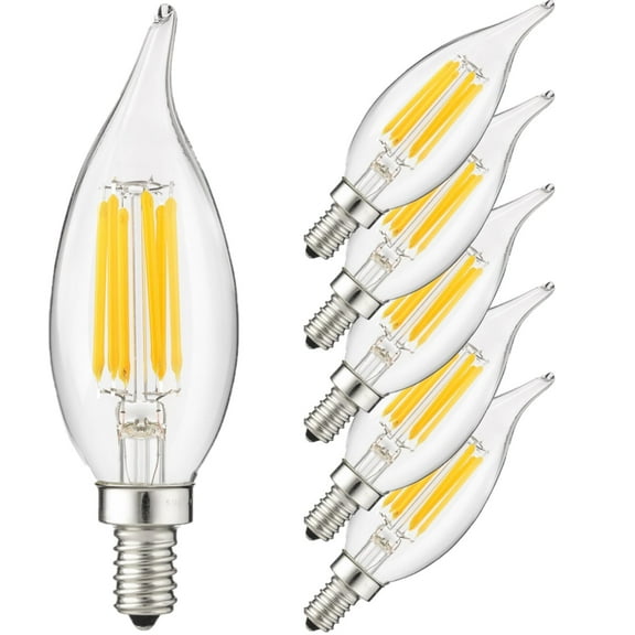 Diodesy- Pack of 6 CFC/LED/FS/4W/27K LED Candelabra Light Bulbs, Filament Flame Tip Chandelier Candle Bulb, Edison Dimmable Bulb, 4 Watts (40W Equivalent), 2700K Warm White, E12 Base, 400LM, UL Listed