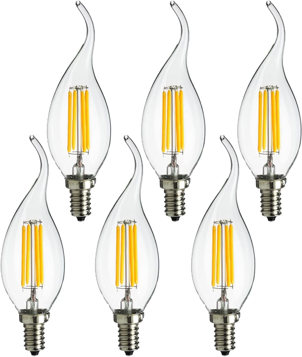 Diodesy- Pack of 6 CFC/LED/FS/4W/E12/D/CL/18K E12 LED Candelabra Bulbs, Dimmable, 4W (40W Equivalent), Vintage Chandelier Candle Light Bulb, 1800K Candlelight, Edison Bulbs for Ceiling Fan, ETL Listed