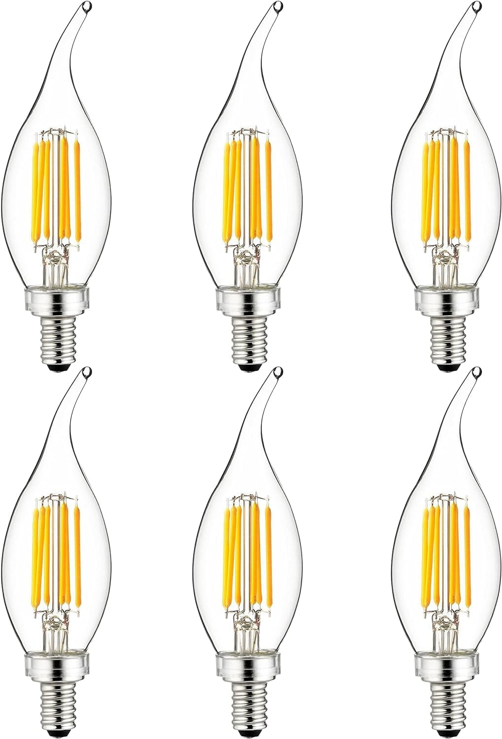 Diodesy- Pack of 6 CFC/LED/FS/5W/E12/D/CL/27K E12 Candelabra Candle LED Light Bulbs, Dimmable, 5W (60W Equivalent), 2700K Warm White, Edison Bulb, Flame Tip Chandelier and Ceiling Fan Light Bulbs, UL