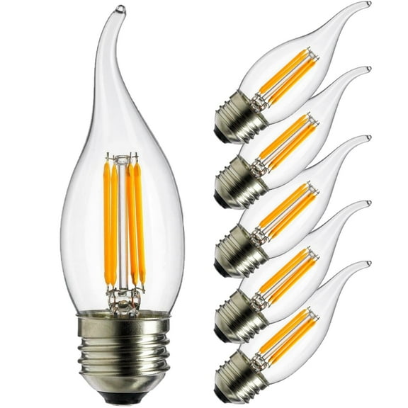 Diodesy- Pack of 6 EFC/LED/FS/4W/E26/D/CL/18K E26 LED Chandelier Filament Flame Tip Light Bulb, 4W (40-Watts Equivalent), 1800K Candle-Light, Dimmable, Edison Bulb for Rustic Sputnik and Vanity Wall
