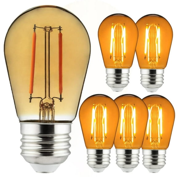 Diodesy- Pack of 6 S14/LED/FS/2W/A S14 LED Outdoor String Light Bulbs, Edison Look Transparent Light Bulb, E26 Amber Color, Replacement Shatterproof Filament Bulb, Hanging Bulbs for Patio, Garden, UL