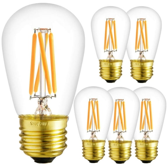 Diodesy- Pack of 6 S14/LED/FS/4W/D/CL/22K LED String Replacement Light Bulbs, Shatterproof Edison Style, 4 Watts (30W Equivalent), 2200K Amber Color, Dimmable, E26 Medium Base Outdoor Patio Garden, UL