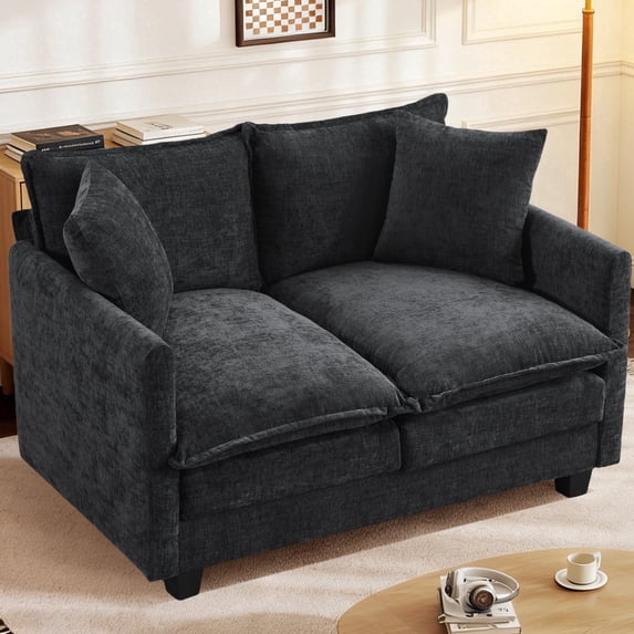 Dioepic 50" Loveseat Sofa Deep Seat Chenille Fabric with 2 Pillows for Living Room and Small Spaces, Black