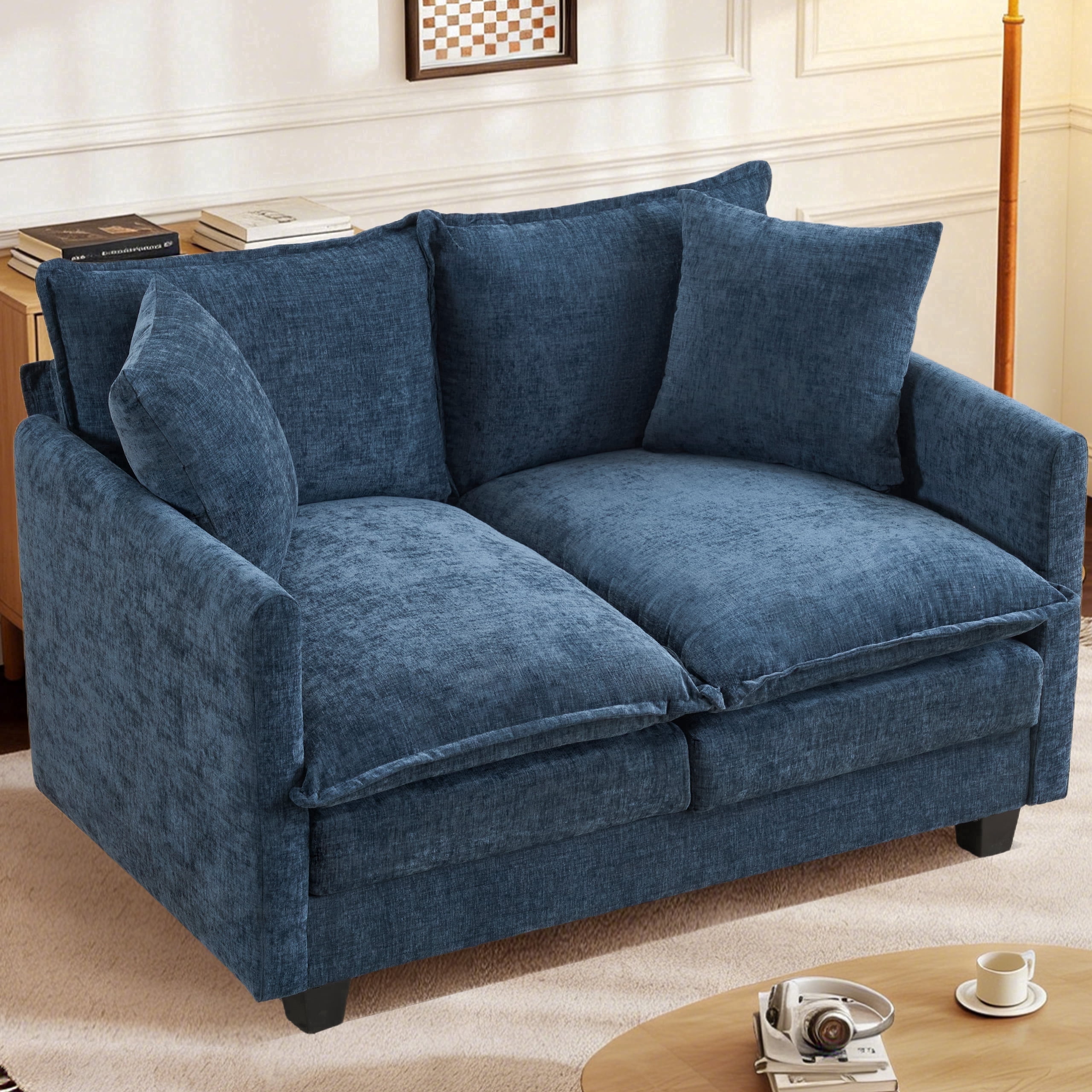 Dioepic 50" Loveseat Sofa Couch Deep Seat Chenille Fabric with 2 Pillows for Living Room and Small Spaces, Blue