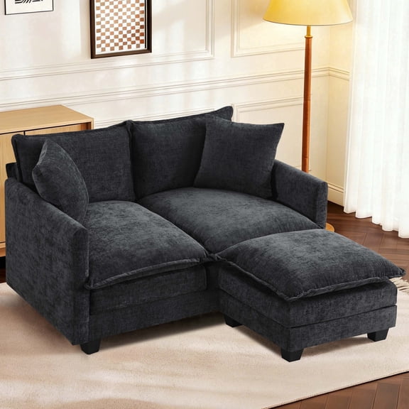 Dioepic 50" Loveseat Sofa Couch Deep Seat Chenille Fabric with Removable Ottoman 2 Pillows for Living Room and Small Spaces, Black