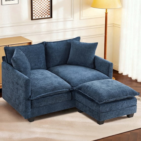 Dioepic 50" Loveseat Sofa Couch Deep Seat Chenille Fabric with Removable Ottoman 2 Pillows for Living Room and Small Spaces, Blue