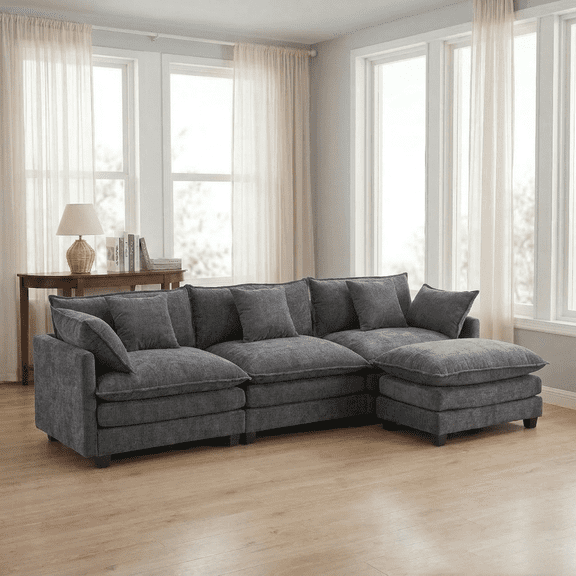 Dioepic Cloud Chenille 3-Seat Living Room Sectional Sofa Modern Cloud Couch 111.4" with Ottoman & 3 Pillows, Grey