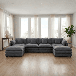 Dioepic Cloud Chenille 4-Seat Living Room Sectional Sofa Modern Couch 146" with 2 Ottoman & 4 Pillows, Grey