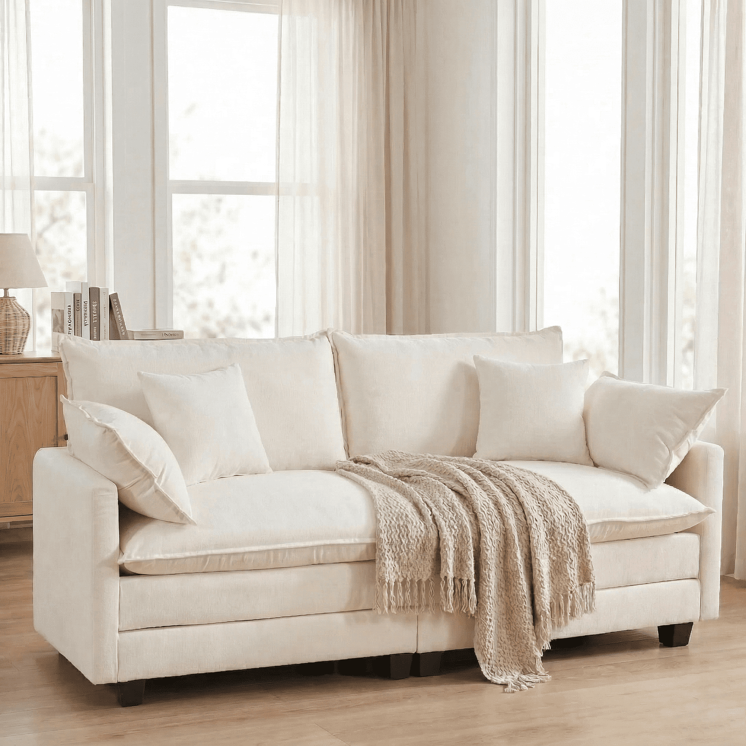 Dioepic Cloud-Comfort Deep Seat Chenille 2-Seat Living Room Loveseat Sofa 77" with 2 Pillows, Beige