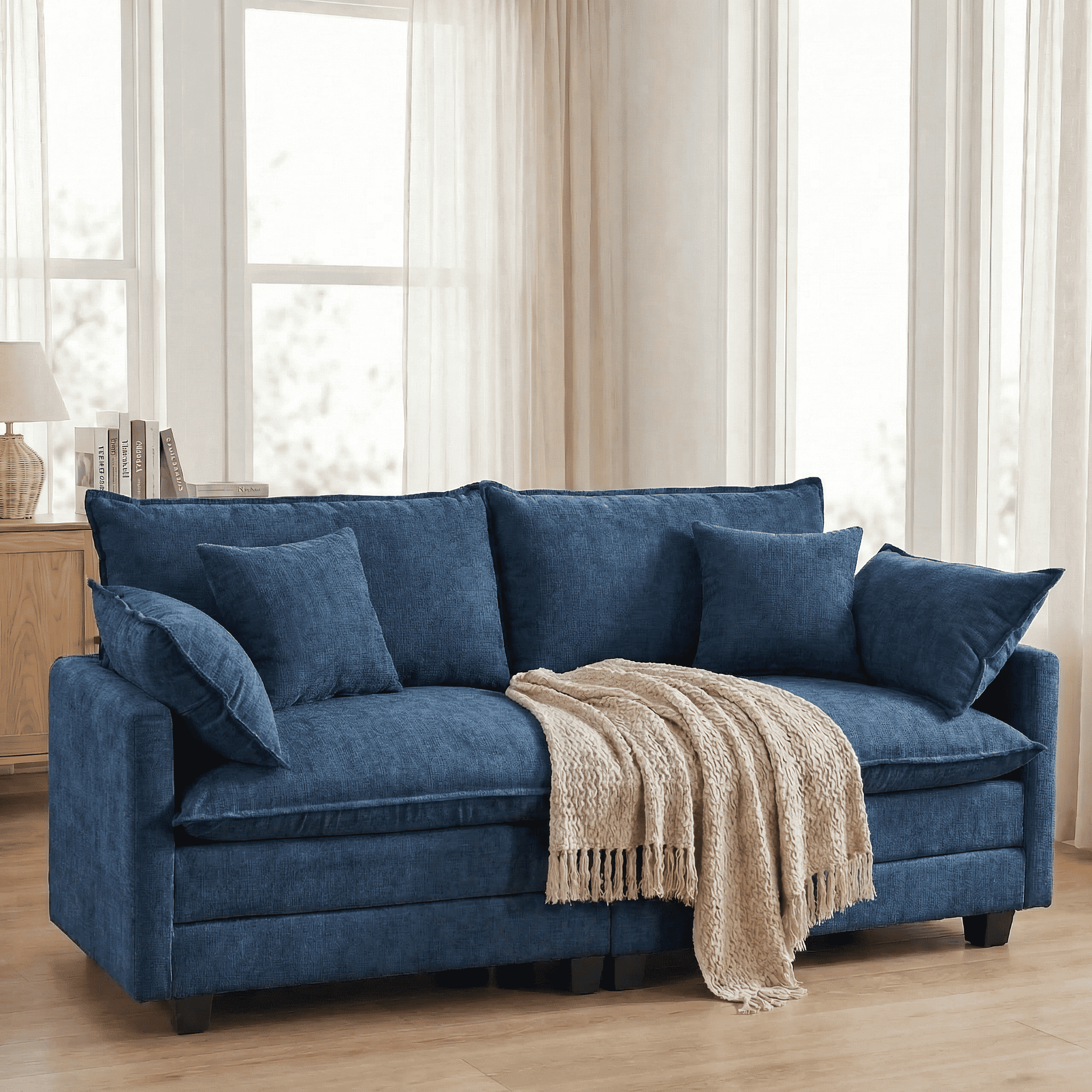 Dioepic Cloud-Comfort Deep Seat Chenille 2-Seat Living Room Loveseat Sofa 77" with 2 Pillows, Blue