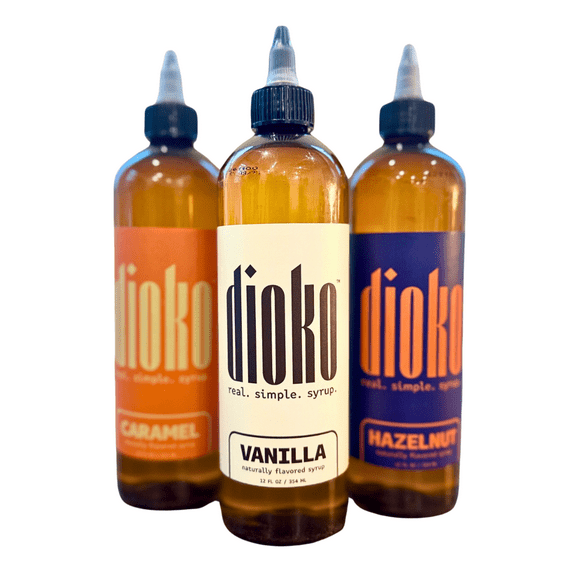 Dioko Flavors Coffee Syrup Variety Pack, 3-Pack (Vanilla, Hazelnut, Caramel), 12 fl oz Each