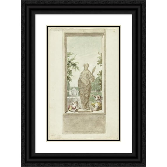 Dionys van Nijmegen 16x24 Black Ornate Framed Double Matted Museum Art Print Titled: Design for a Room; Statue of Sense Face, in Addition, a Boy with Magnifying Glass and Woman wit