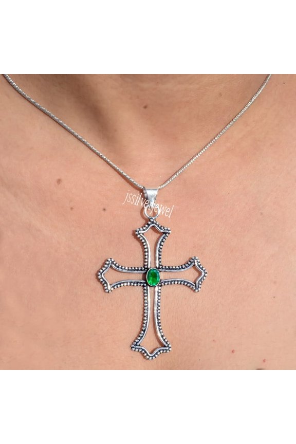 Diopside Cross, 925 Sterling Silver Pendant, Handmade Jewelry, Jesus Cross Pendant