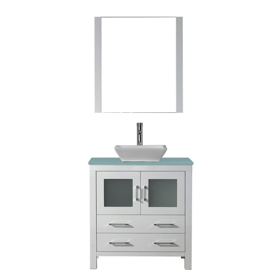 Dior 32" Single Bath Vanity in White with Green Glass Top and Square Sink with Matching Mirror