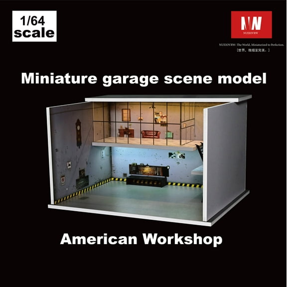 Diorama 1/64 2-Story Diecast Garage Model, Tri-color LED Lighting Repair Workshop Building Model Display Case, American Workshop Scene Display Storage, Brightness Adjustable