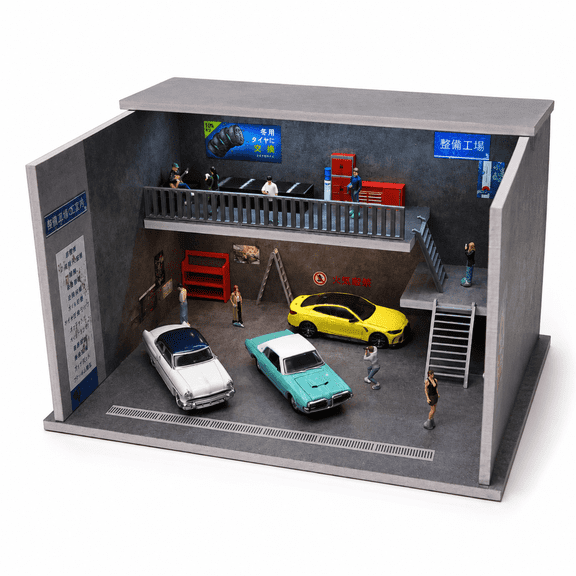 Diorama 1:64 2 Tier Garage Model, 3-Color LED Lighting Repair Workshop Scene Model Display Case, Parking Lot Workshop Scene Display Storage, Brightness Adjustable, Gift Toy