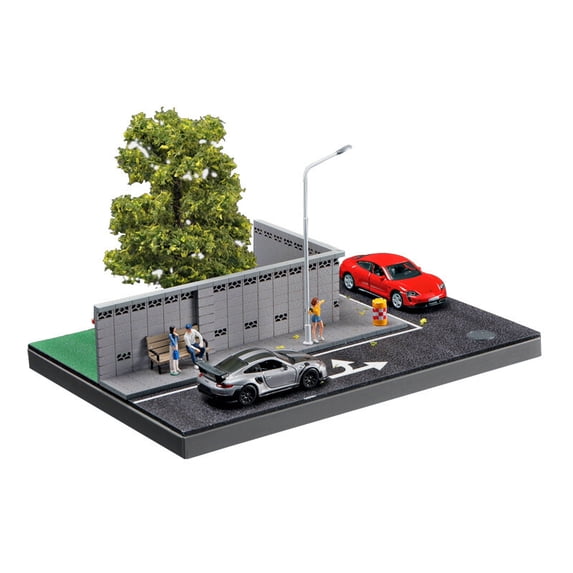 Diorama 1:64 Car Garage Model LED Lighting City Street Coner Parking Lot Scene Display Model, Car Garage Road Scene Model Display Case, Die-Cast Car Display Collection Storage Toys