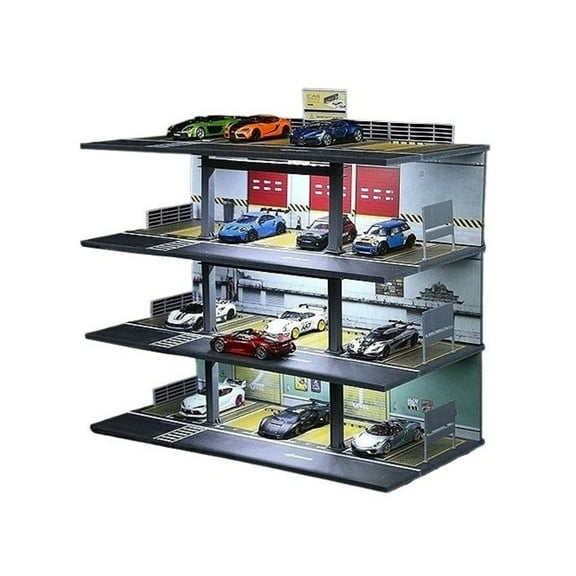 Diorama 1:64 Car Garage Model, LED Lighting Multi-Story Parking Lot Scene Display Model, Diecast Car Model Display Case Gift Model, Building Model