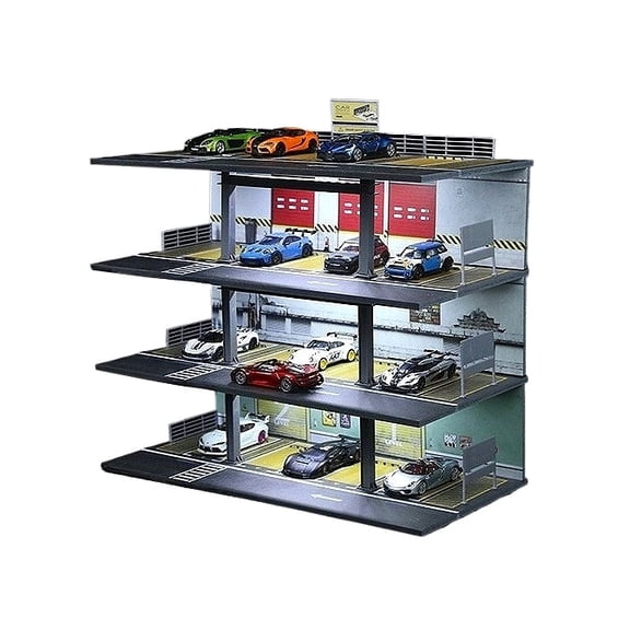Diorama 1:64 Car Garage Model, LED Lighting Multi-Story Parking Lot Scene Display Model, Diecast Car Model Display Case Gift Model, Building Model