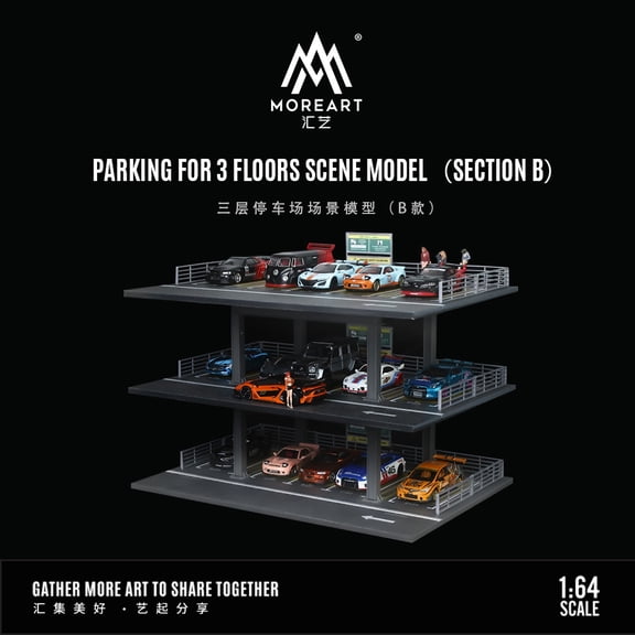 Diorama 1:64 Car Garage Model, LED Lighting Multi-Story Parking Lot Scene Display Model, Diecast Car Model Display Case Gift Model, Building Model