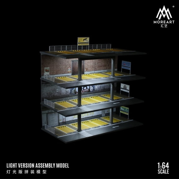 Diorama 1:64 Car Garage Model, LED Lighting Multi-Story Parking Lot Scene Display Model, Diecast Car Model Display Case Gift Model