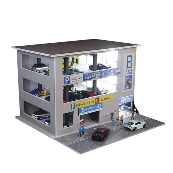 Diorama 1:64 Car Garage Model with LED Lights, Japanese Parking Building Scene Model Display, Triple Parking Building Display Box for Die-Cast Car Scene Display Box Collection Storage