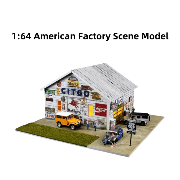 Diorama 1/64 Car Garage Model with LED Lighting, City Factory Repairs Workshop Scene Display Model,Car Parking Lot Model Decor Ornament Toys