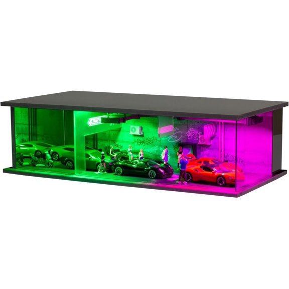 Diorama 1/64 Cyberpunk Style Garage Model, Coloful LED Lighting Parking Lot Scene Display Case, Diecast Car Model Display Box, Building Model Garage
