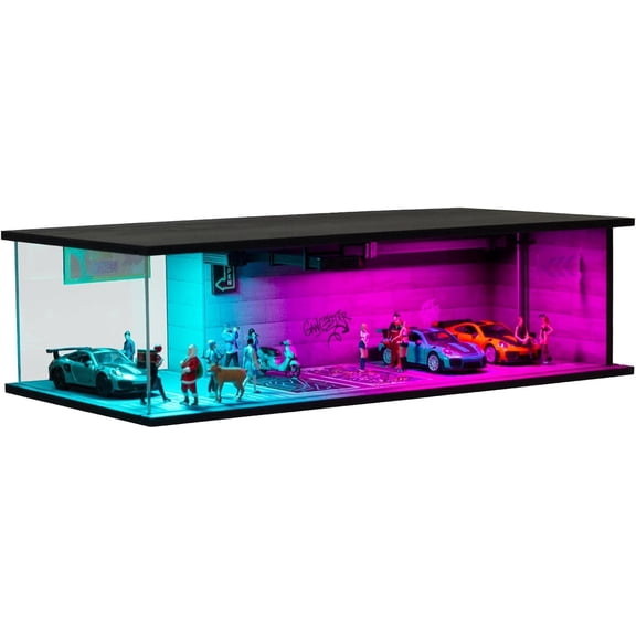 Diorama 1/64 Cyberpunk Style Garage Model, Coloful LED Lighting Parking Lot Scene Display Case, Diecast Car Model Display Box, Building Model Garage