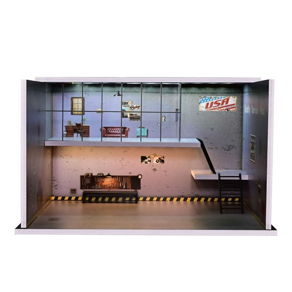 Diorama 1/64 Diecast Garage Model,Tri-Color LED Lighting Parking Lot Scene Display Case, Brightness Adjustable Model Car Display Cabinet