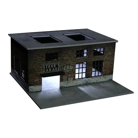 Diorama 1/64 Diecast Garage Model with LED Lighting, City Repairs Factory Scene Display Case, Car Parking Lot Display Model