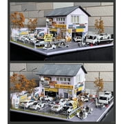 Diorama 1/64 Diecast Garage Model with LED Lighting, City Repairs Factory Scene Display Case, Car Parking Lot Display Model