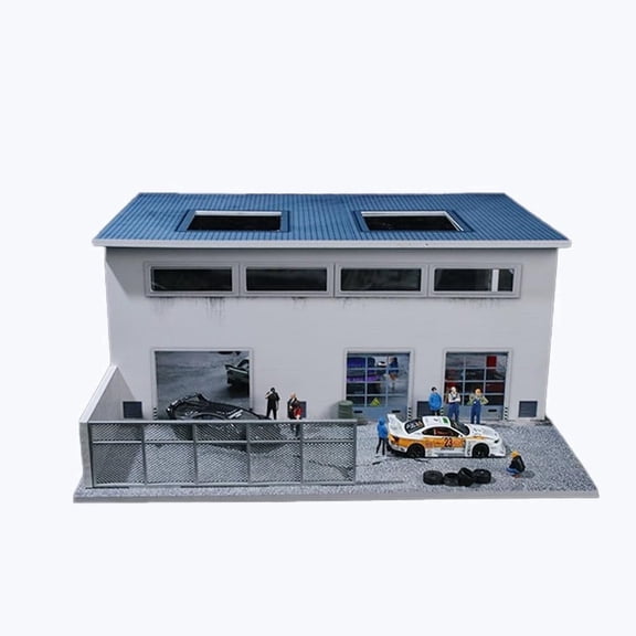 Diorama 1/64 Diecast Garage Model with LED Lighting, City Repairs Factory Scene Display Case, Car Workshop Parking Lot Building Model