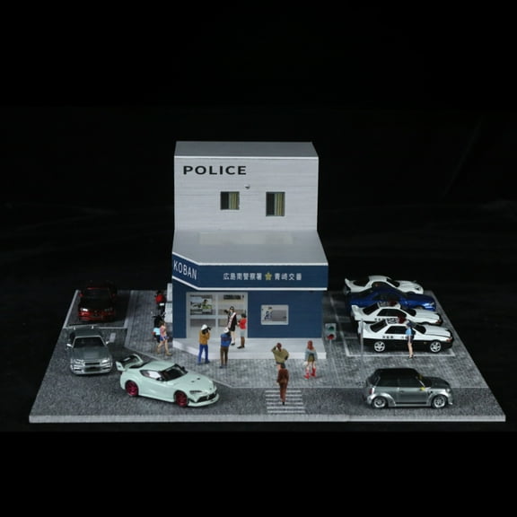 Diorama 1/64 Garage Model LED Lighting City Street Japanese Police Station Building Scene Display Model Gift,Die-cast Car Parking Lot Scene Model Display Box