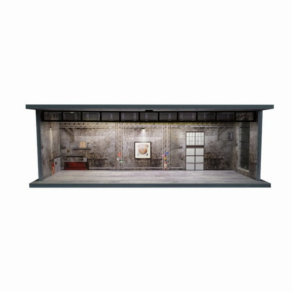 Diorama 1/64 Garage Model with Tri-color LED Lighting, Die-cast Car Parking Lot Scene Model Display Box, Side Windows, Repair Shop Vintage Scene Display