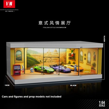 Diorama 1/64 Garage Model with LED Lighting, City Parking Lot Scene Display Case, Diecast Car Garage Showroom Scene Model Toy