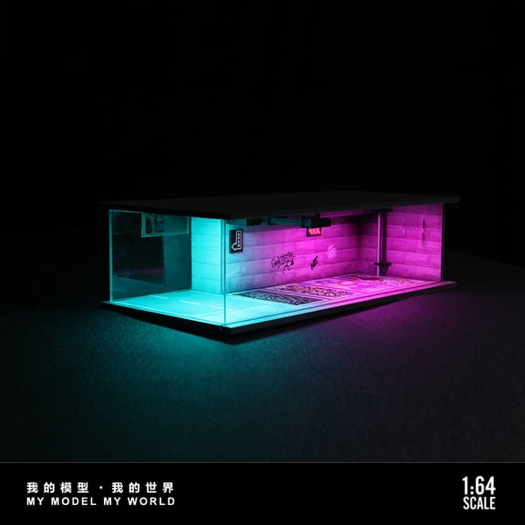 Diorama 1/64 Garage Model with LED Lighting, City Punk Style Parking Lot Scene Display Case, Diecast Car Garage Showroom Scene Model Toy