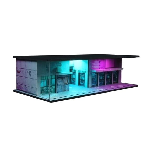 Diorama 1/64 Punk Style Garage Model, Coloful LED Lighting Parking Lot Scene Display Case, Diecast Car Model Display Box, Building Model Garage
