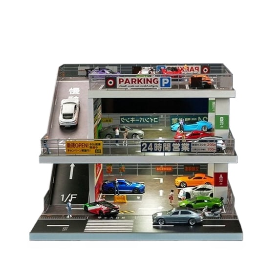 Diorama 1/64 Scale Big Diecast Car Garage Model, LED Lighting Japanese Multi-Story Parking Lot Scene Display Model, Car Model Storage, Display Case Gift Model, Building Model