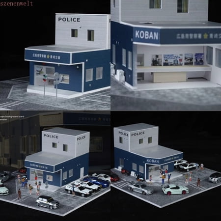 Diorama 1/64 Scale Car Garage Model LED Lighting City Street Japanese Police Station Building Scene Display Model Die-cast Car Parking Lot Model Box Collection Toys
