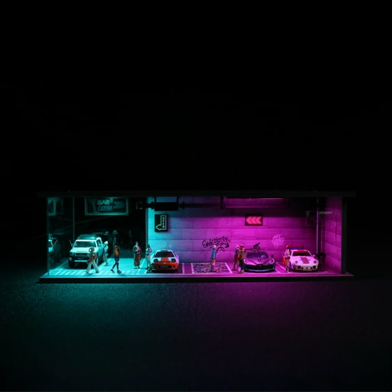 Diorama 1/64 Scale Car Garage Model, Led Lighting City Parking Lot Scene Display Model, Die-cast Car Model Display Box