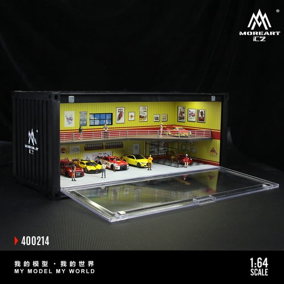 Diorama 1/64 Scale Container Diecast Garage Model, Big LED Lighting Parking Lot Scene Model Display Case, City Street Building Model, Car Display Storage Collections
