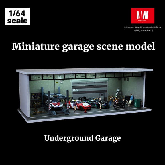 Diorama 1/64 Scale Diecast Car Garage Model, Simulated Parking Lot Model with LED Lighting Showroom Scene PVC Assembly Model Display with Acrylic Dust Door Collection Toys