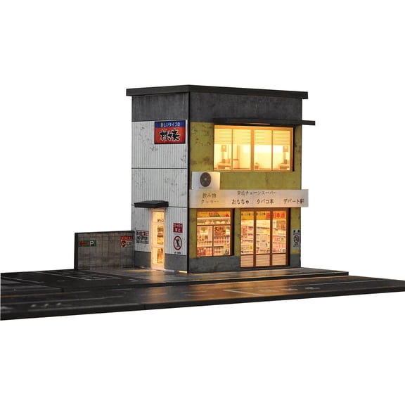 Diorama 1/64 Scale Garage Model with LED Light, City Street Japanese Parking Lot Scene Display Model, Diecast Car Display Case, Convenience Store Building Model Gifts